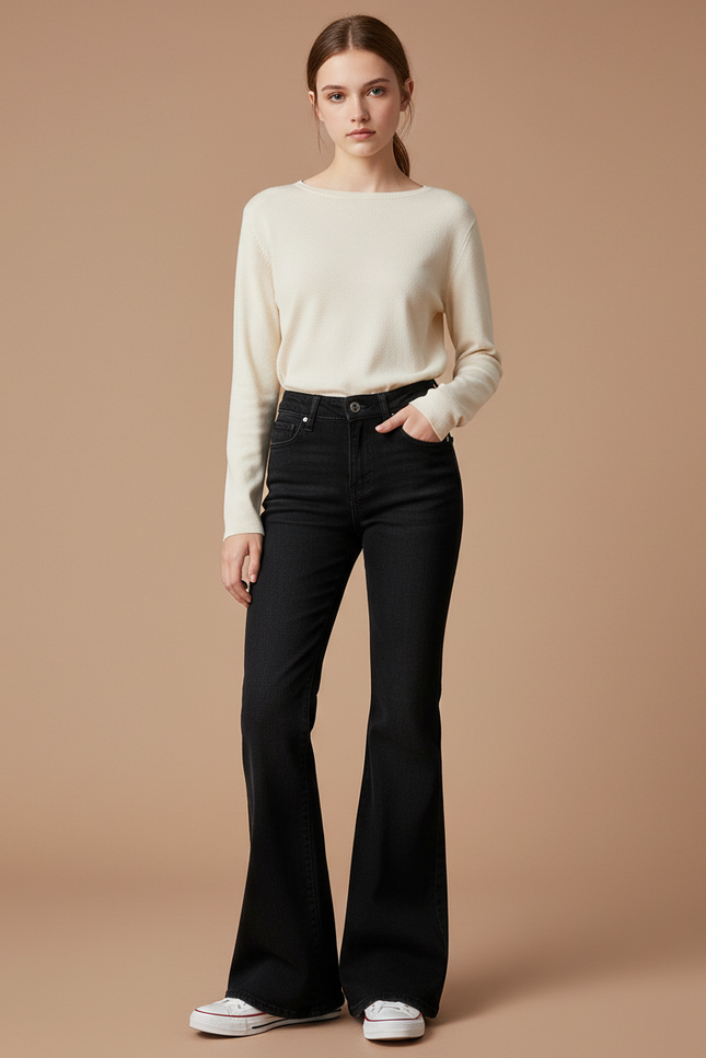 Pantalon Noir Évasé Denim Taille Haute Ajusté - Jean