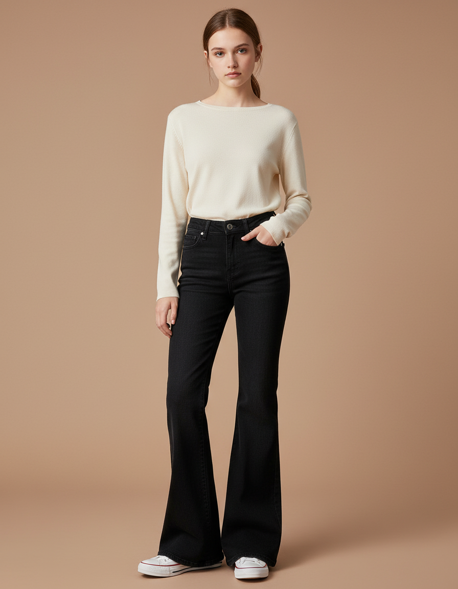 Pantalon Noir Évasé Denim Taille Haute Ajusté - Jean