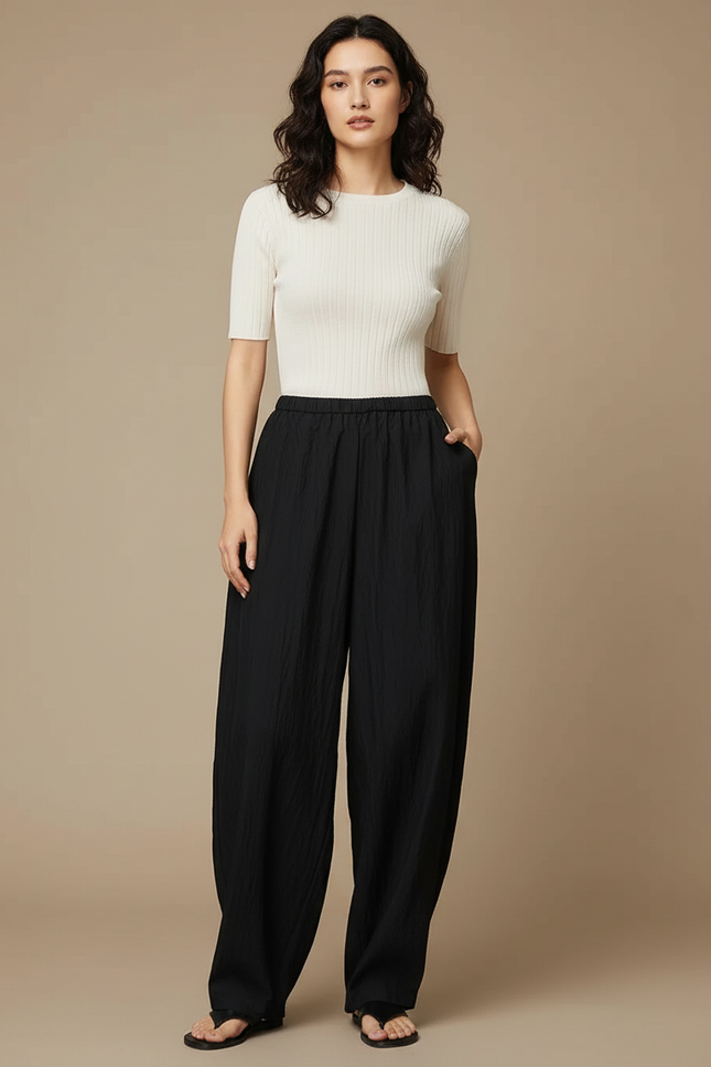 Pantalon Noir Ample Fluide Décontracté Plissé Femme - Lin