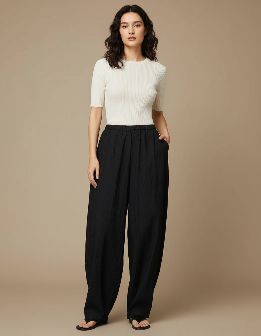 Pantalon Noir Ample Fluide Décontracté Plissé Femme - Lin