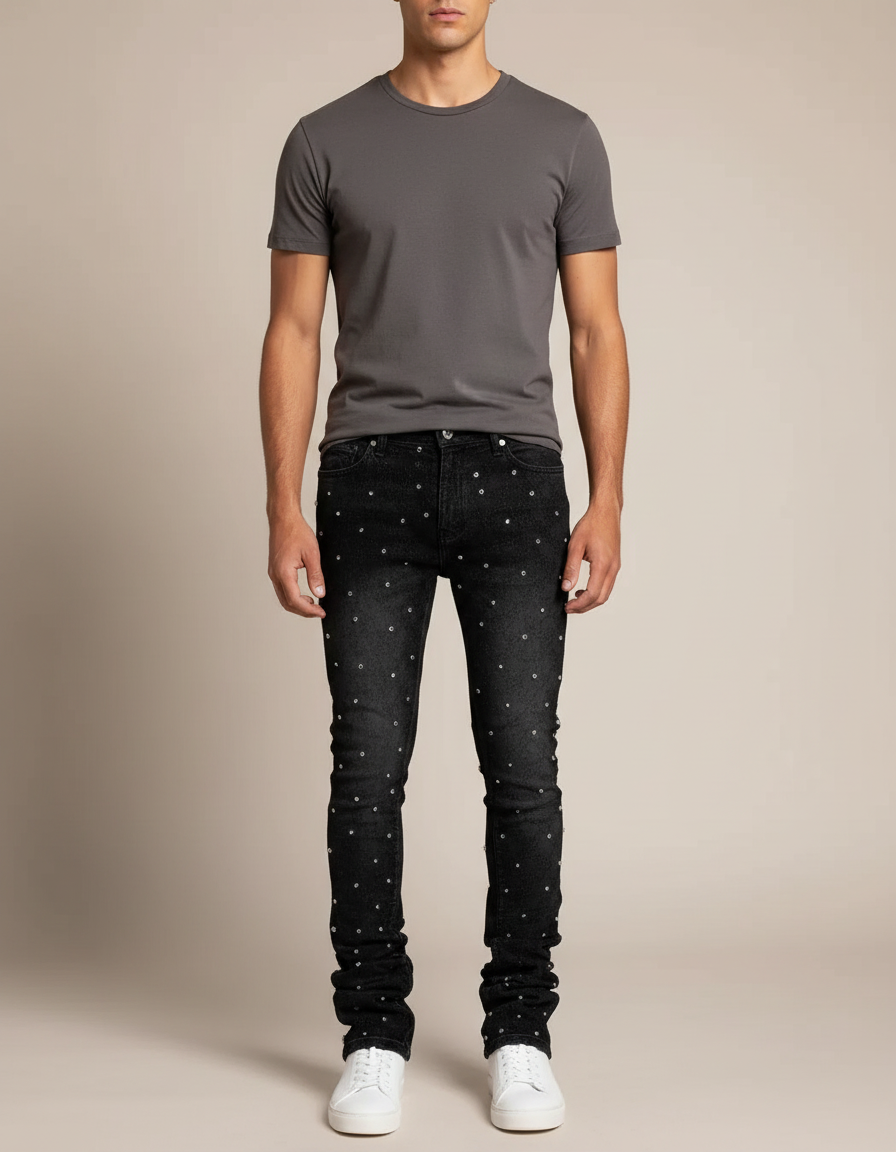 Pantalon Noir Skinny Strass Homme Tendance - Jean