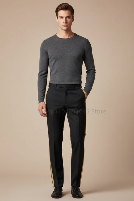 Pantalon Noir Bande Dorée Droit Habillé Homme - Gabardine