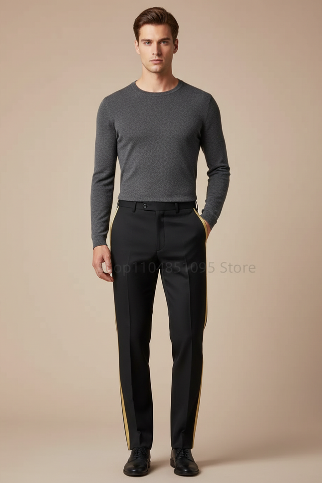 Pantalon Noir Bande Dorée Droit Habillé Homme - Gabardine