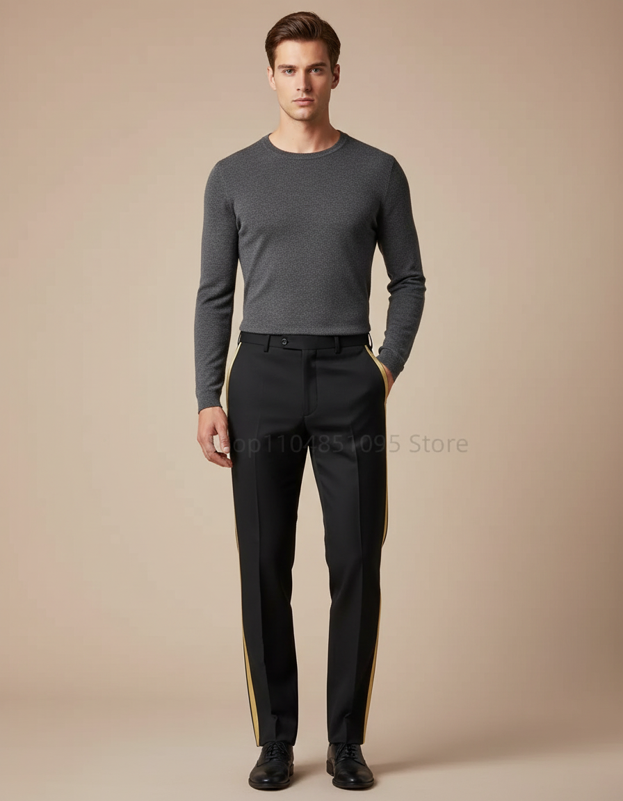Pantalon Noir Bande Dorée Droit Habillé Homme - Gabardine