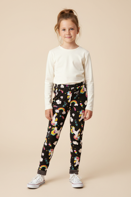Pantalon Noir Licorne Arc-en-ciel Fille Doublé Polaire - Molleton