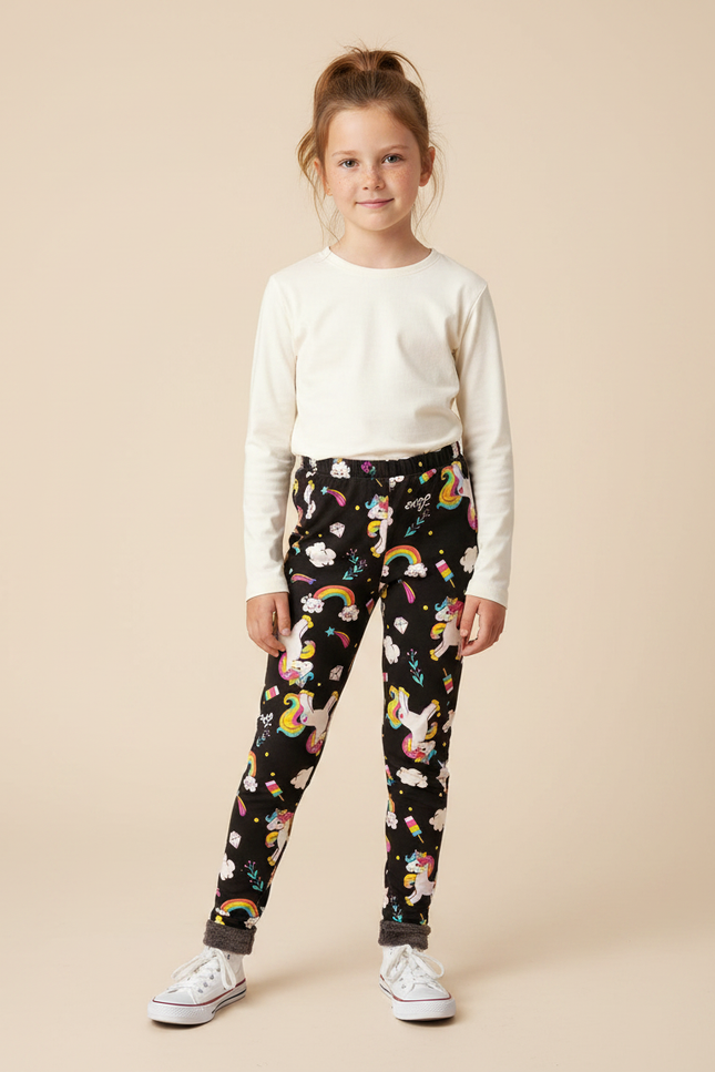 Pantalon Noir Licorne Arc-en-ciel Fille Doublé Polaire - Molleton