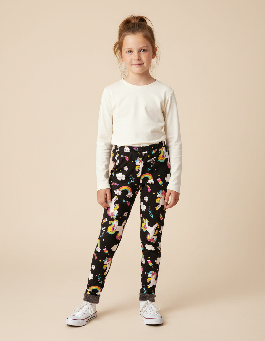 Pantalon Noir Licorne Arc-en-ciel Fille Doublé Polaire - Molleton