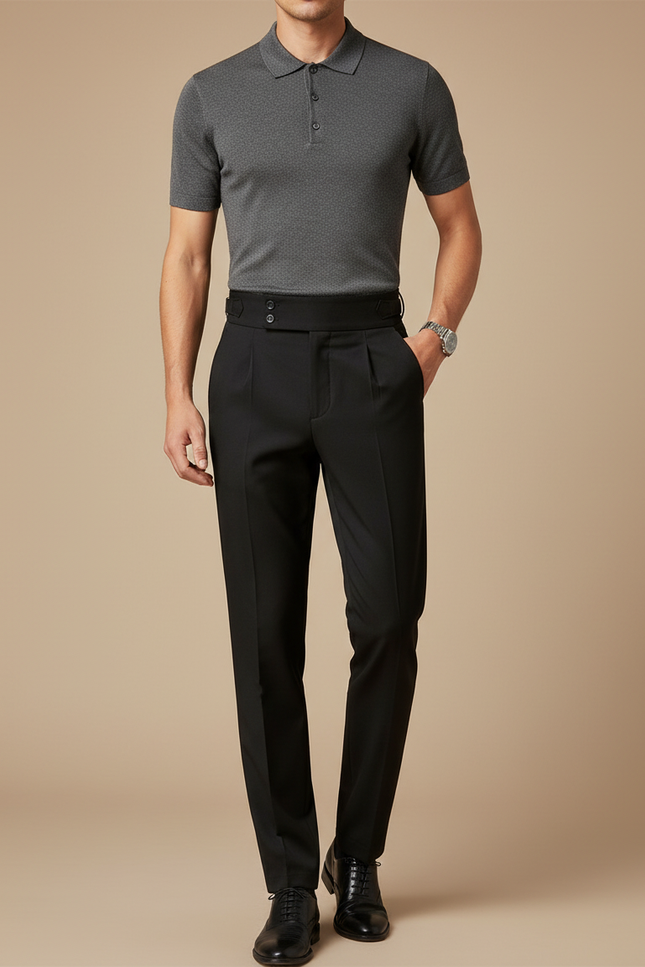 Pantalon Noir Habillé Homme Taille Haute Élégant - Gabardine