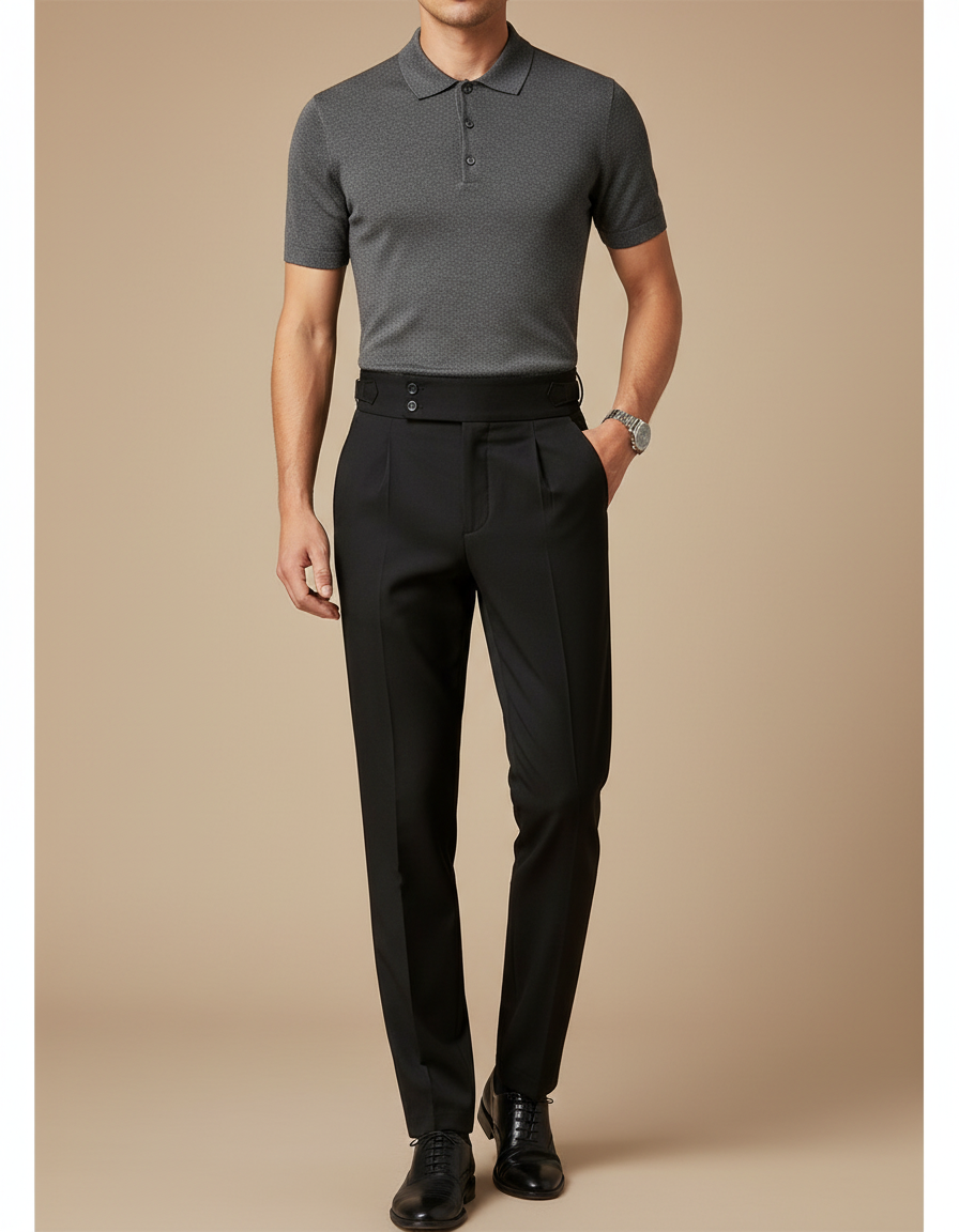 Pantalon Noir Habillé Homme Taille Haute Élégant - Gabardine