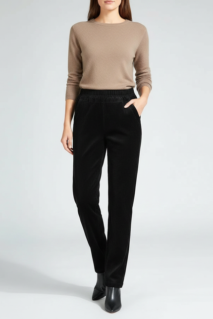 Pantalon Noir Côtelé Droit Élastique Femme - Cordé