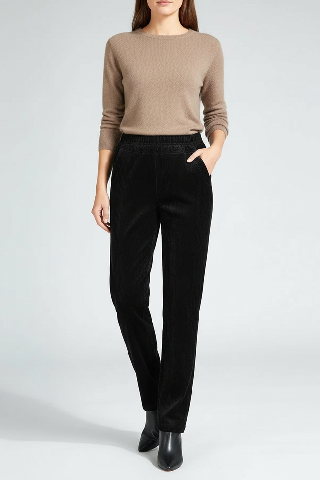 Pantalon Noir Côtelé Droit Élastique Femme - Cordé