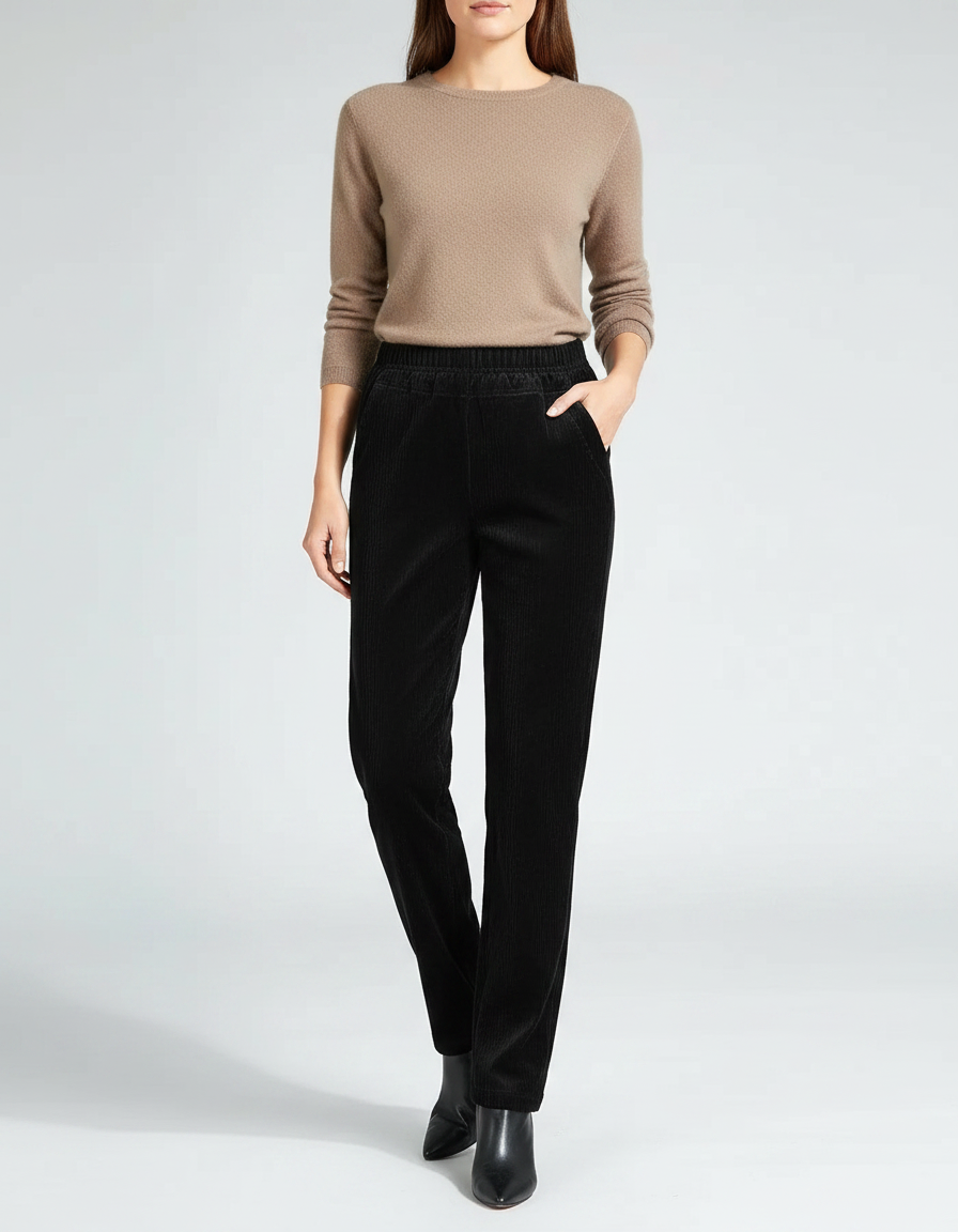 Pantalon Noir Côtelé Droit Élastique Femme - Cordé