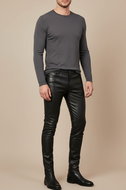 Pantalon Noir Enduit Homme - Simili cuir