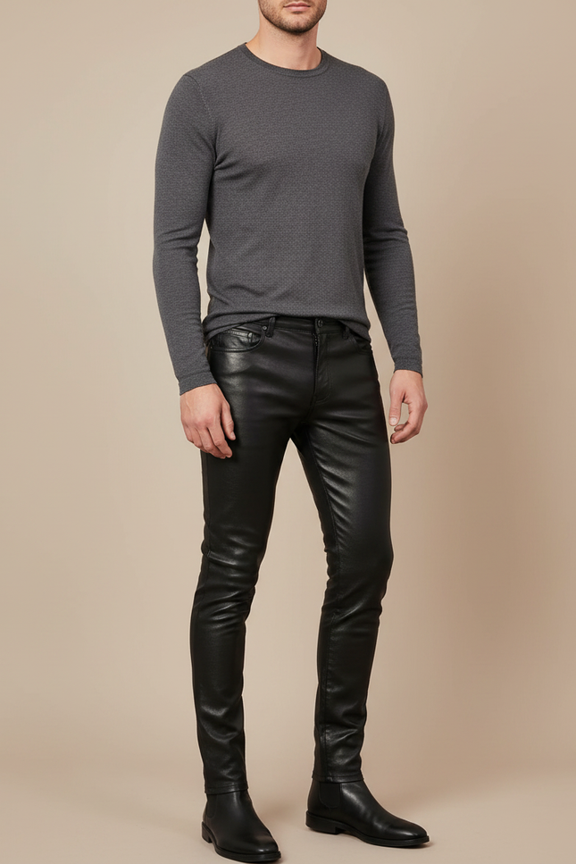 Pantalon Noir Enduit Homme - Simili cuir