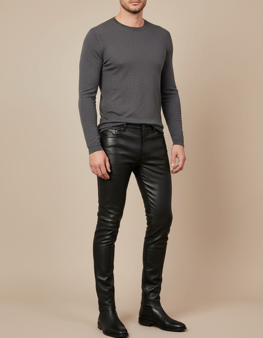 Pantalon Noir Enduit Homme - Simili cuir