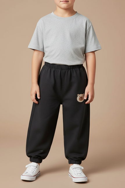 Pantalon Noir Enfant Décontracté Ample Ours Mignon - Molleton