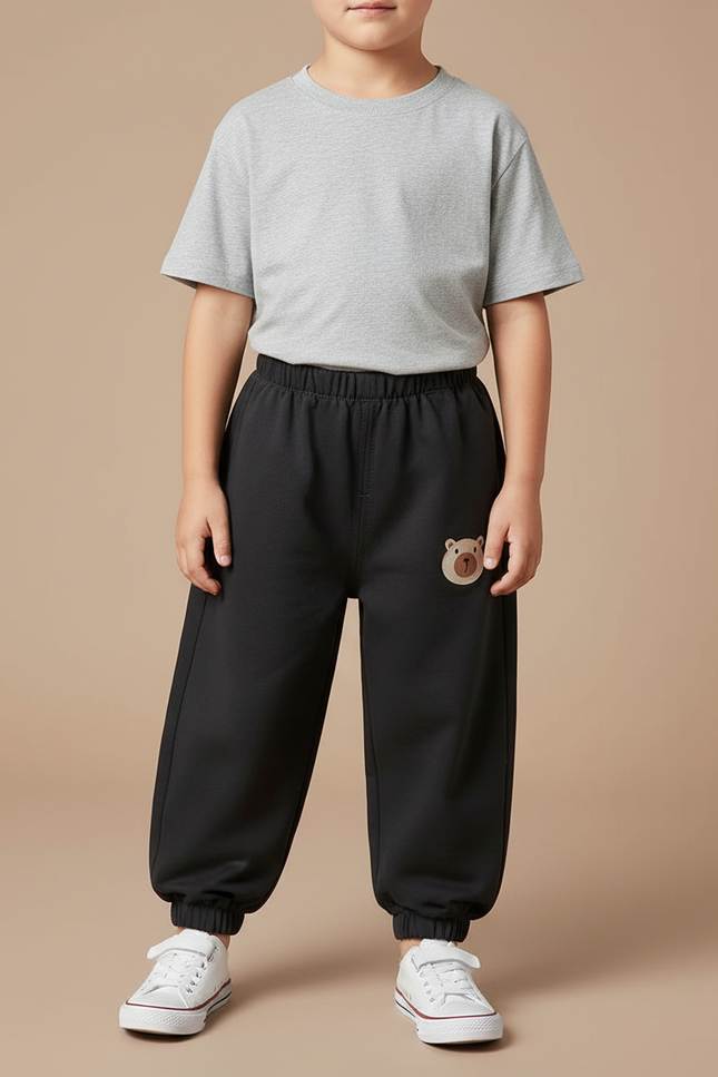 Pantalon Noir Enfant Décontracté Ample Ours Mignon - Molleton