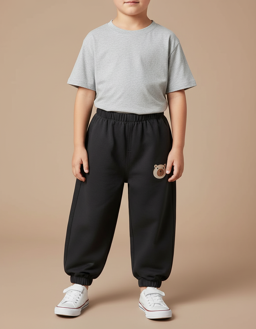 Pantalon Noir Enfant Décontracté Ample Ours Mignon - Molleton
