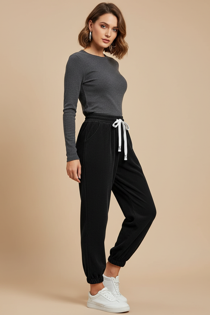 Pantalon Noir Côtelé Décontracté Taille Élastique Femme - Cordé