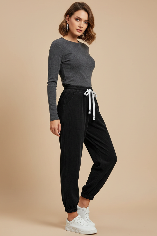 Pantalon Noir Côtelé Décontracté Taille Élastique Femme - Cordé