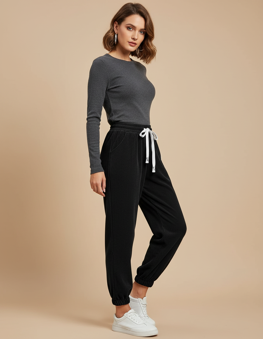Pantalon Noir Côtelé Décontracté Taille Élastique Femme - Cordé