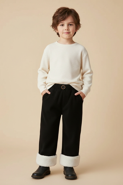 Pantalon Noir Côtelé Ample Chaud Doublé Enfant - Cordé
