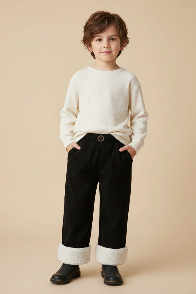 Pantalon Noir Côtelé Ample Chaud Doublé Enfant - Cordé