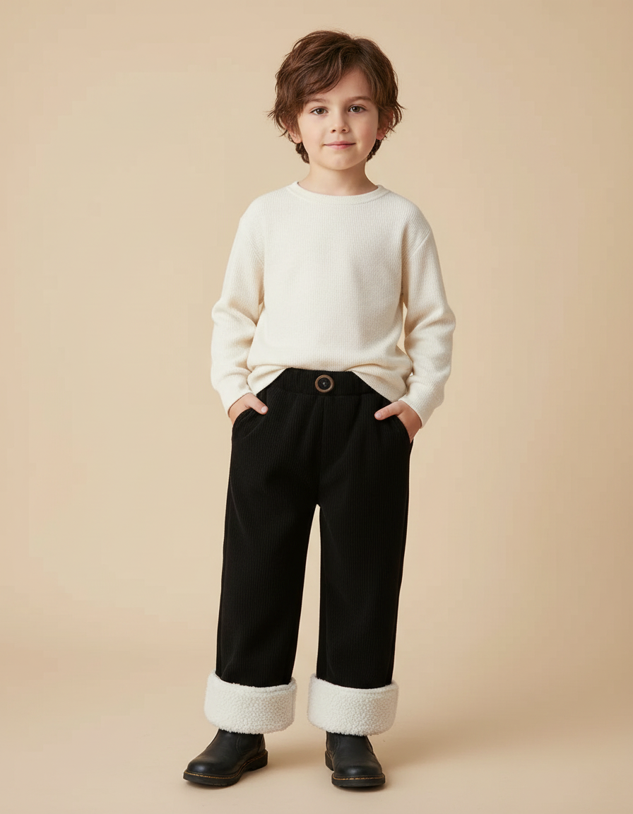 Pantalon Noir Côtelé Ample Chaud Doublé Enfant - Cordé