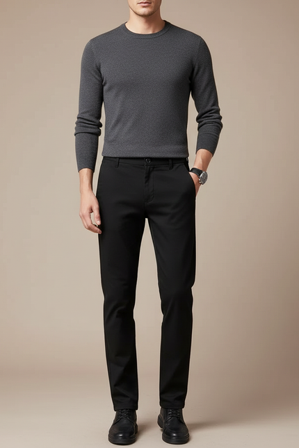 Pantalon Noir Business Slim Élégant Hiver Chaud - Gabardine