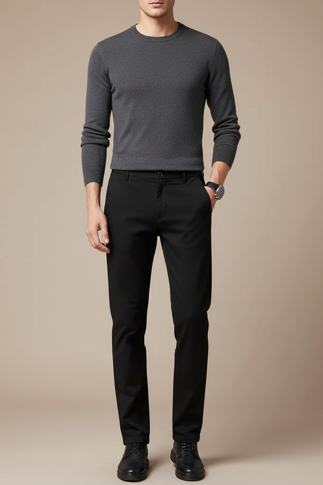 Pantalon Noir Business Slim Élégant Hiver Chaud - Gabardine