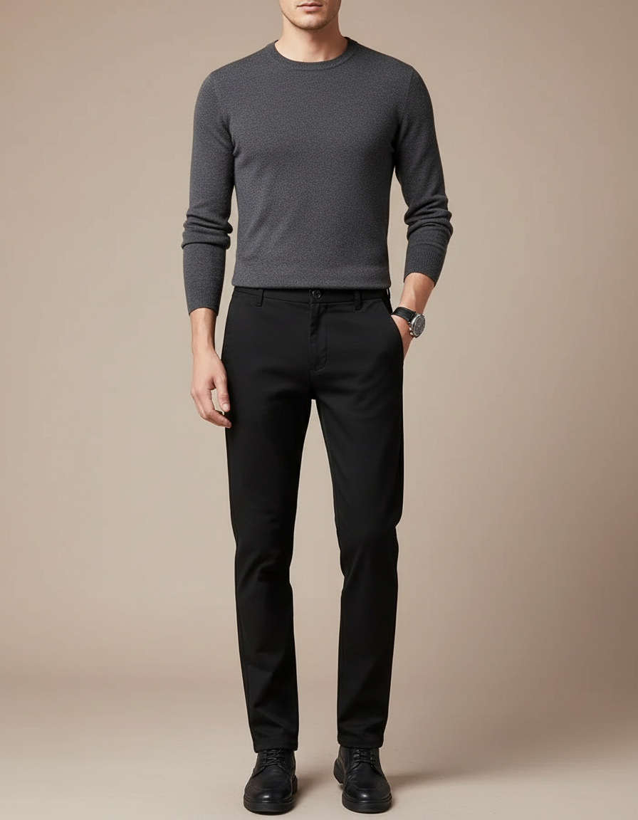 Pantalon Noir Business Slim Élégant Hiver Chaud - Gabardine
