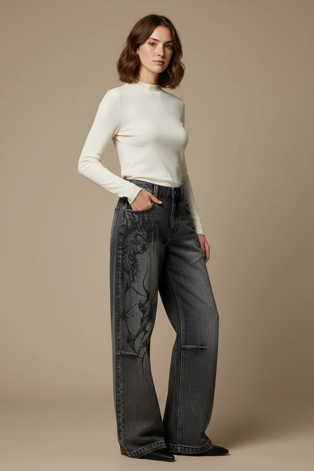 Pantalon Noir Jean Ample Délavé Brodé Tribal Femme - Gris