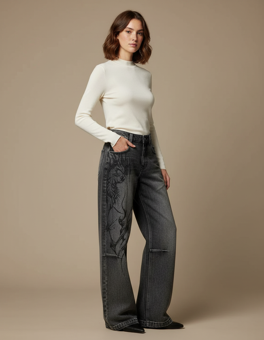 Pantalon Noir Jean Ample Délavé Brodé Tribal Femme - Gris