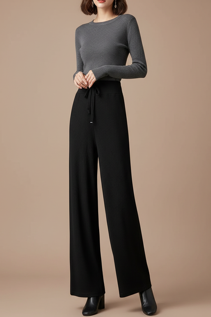Pantalon Noir Côtelé Large Fluide Confortable - Maille