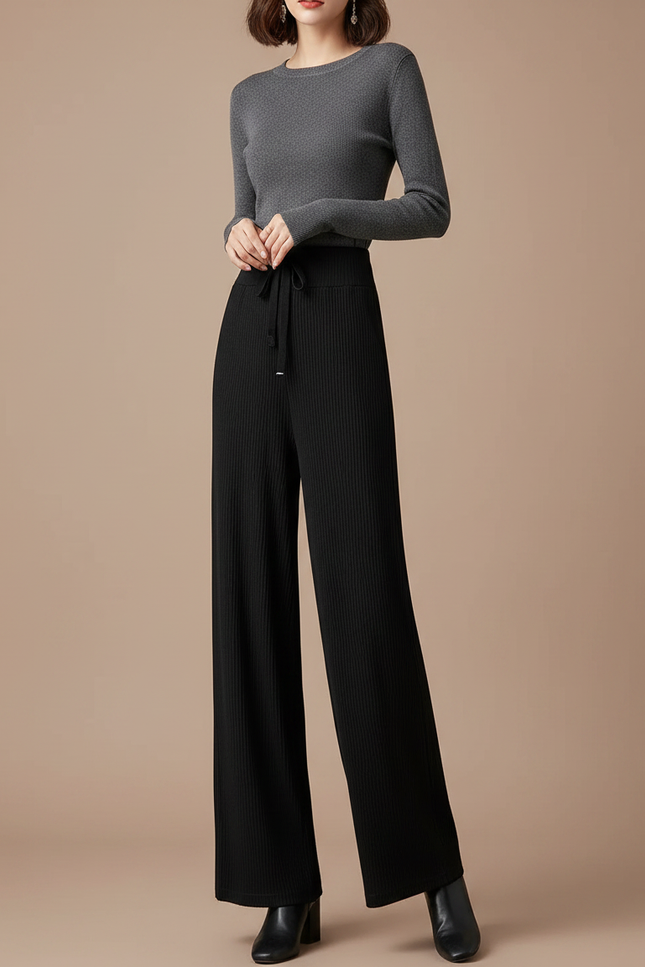 Pantalon Noir Côtelé Large Fluide Confortable - Maille