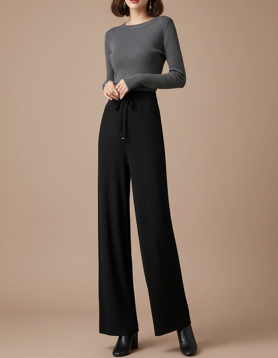 Pantalon Noir Côtelé Large Fluide Confortable - Maille
