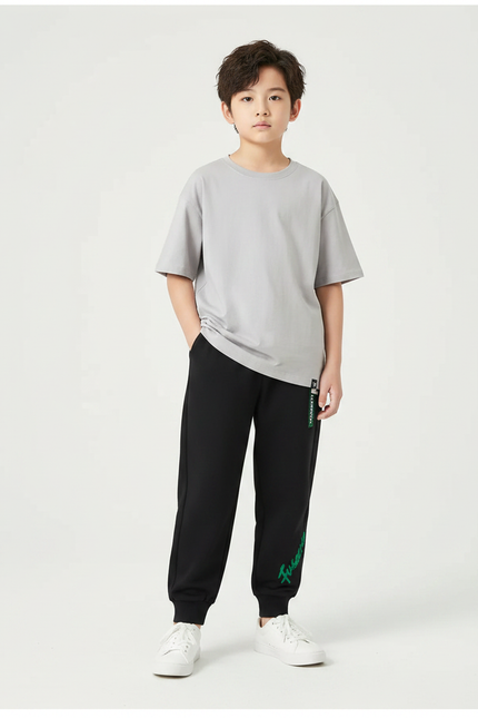 Pantalon Noir Jogging Ample Décontracté Enfant Imprimé - Molleton
