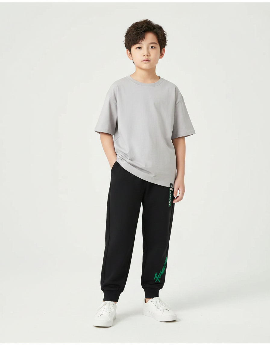 Pantalon Noir Jogging Ample Décontracté Enfant Imprimé - Molleton