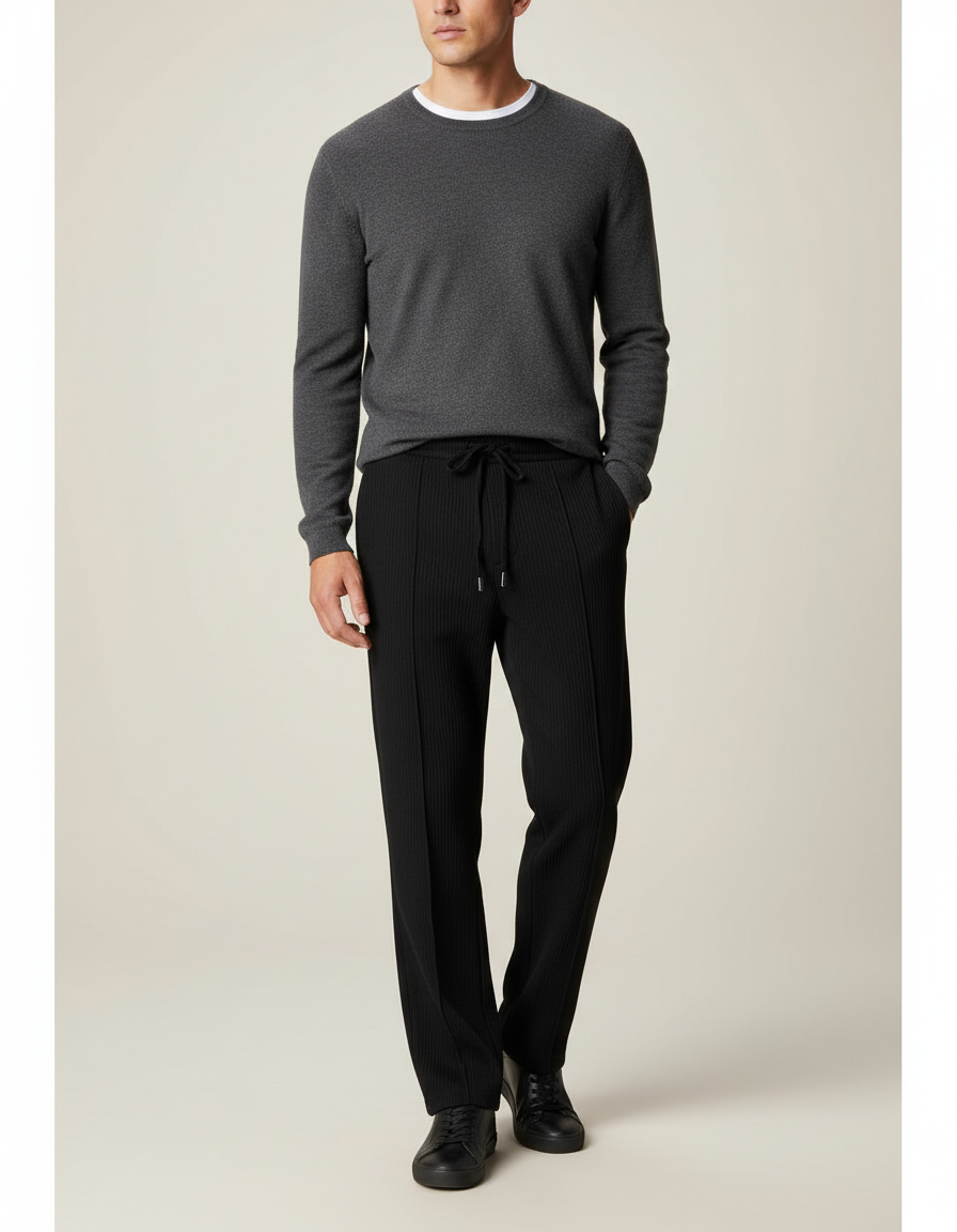 Pantalon Noir Plissé Décontracté Cordon Large - Maille