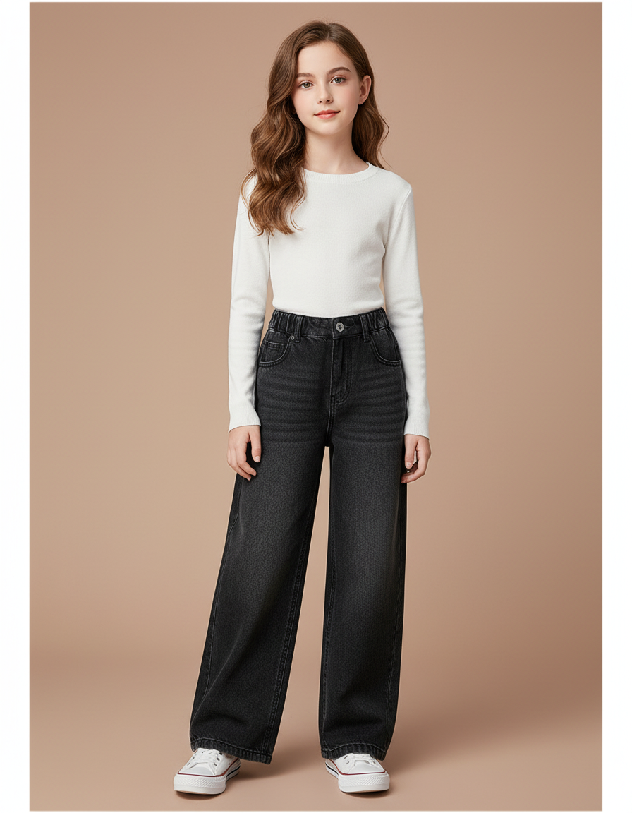 Pantalon Noir Ample Droit Décontracté Enfant Hiver - Jean