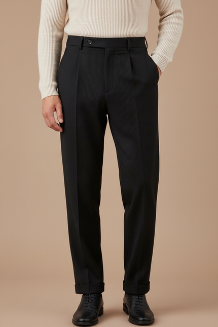 Pantalon Noir Plissé Rayé Laine Élégant Habillé