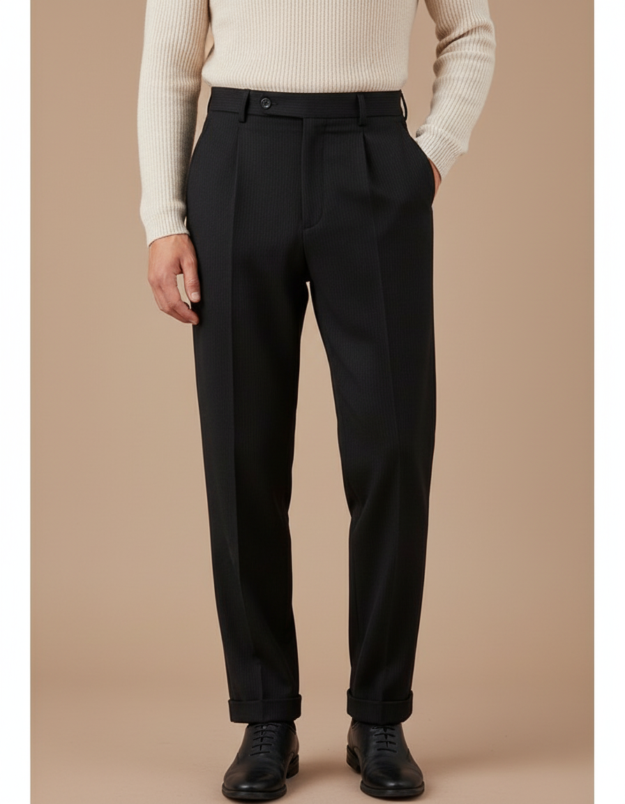 Pantalon Noir Plissé Rayé Laine Élégant Habillé