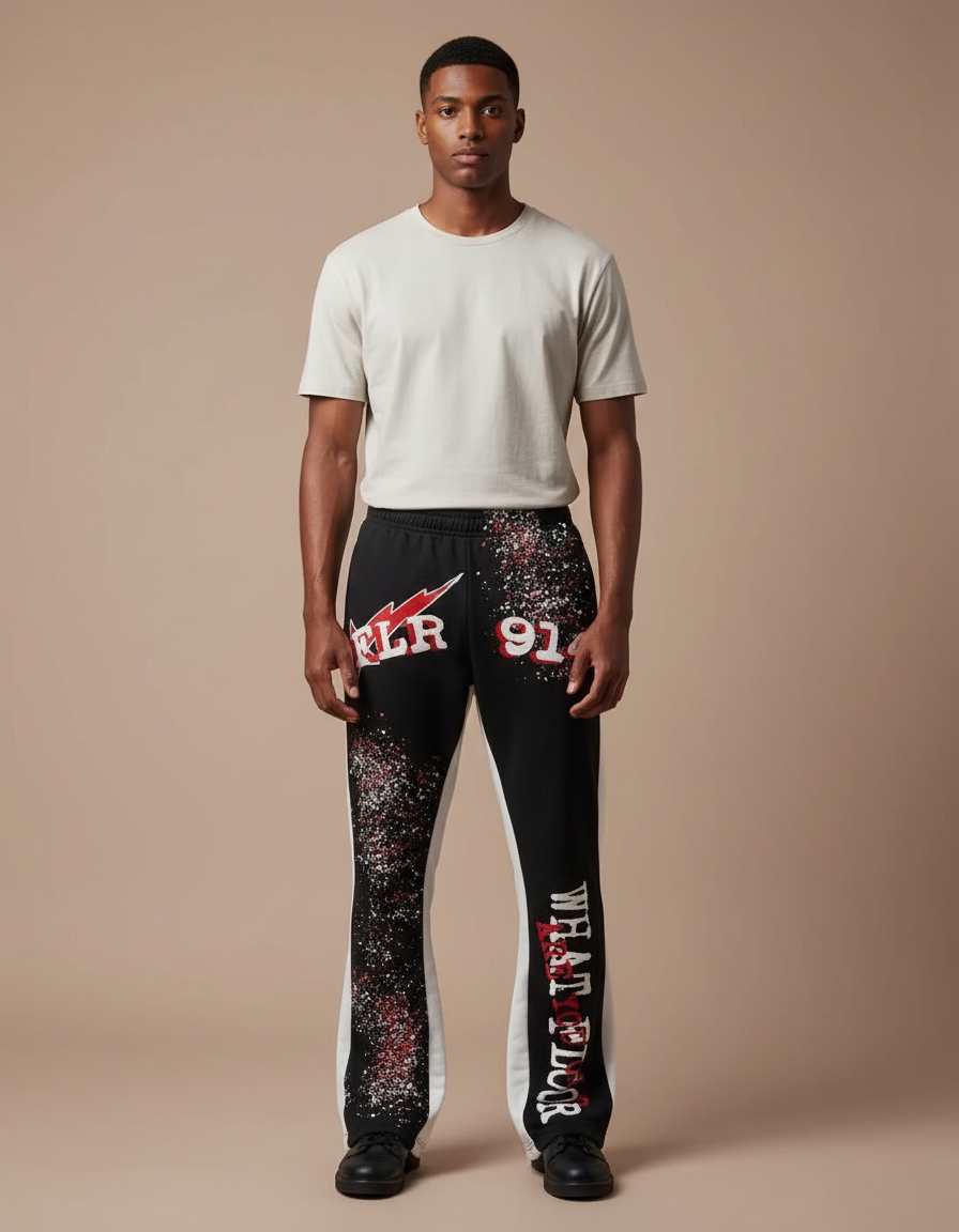 Pantalon Noir Imprimé Flared Hip Hop Décontracté - Molleton