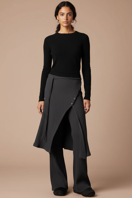 Pantalon Noir Côtelé Fendu Jupe-pantalon Élégant - Maille