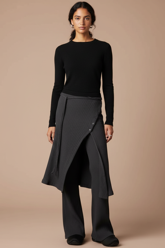 Pantalon Noir Côtelé Fendu Jupe-pantalon Élégant - Maille