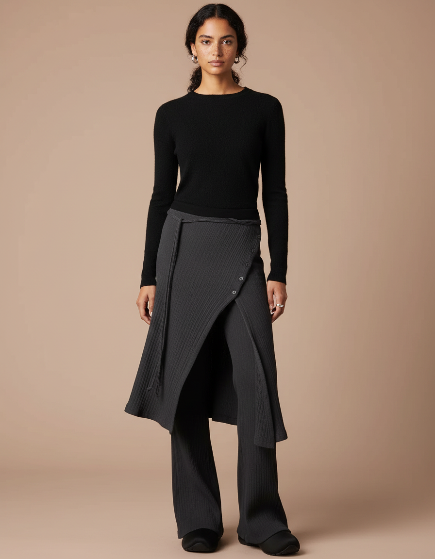 Pantalon Noir Côtelé Fendu Jupe-pantalon Élégant - Maille