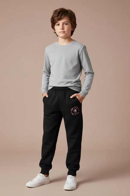 Pantalon Noir Garçon Molletonné Jogging Motif Floral Animal