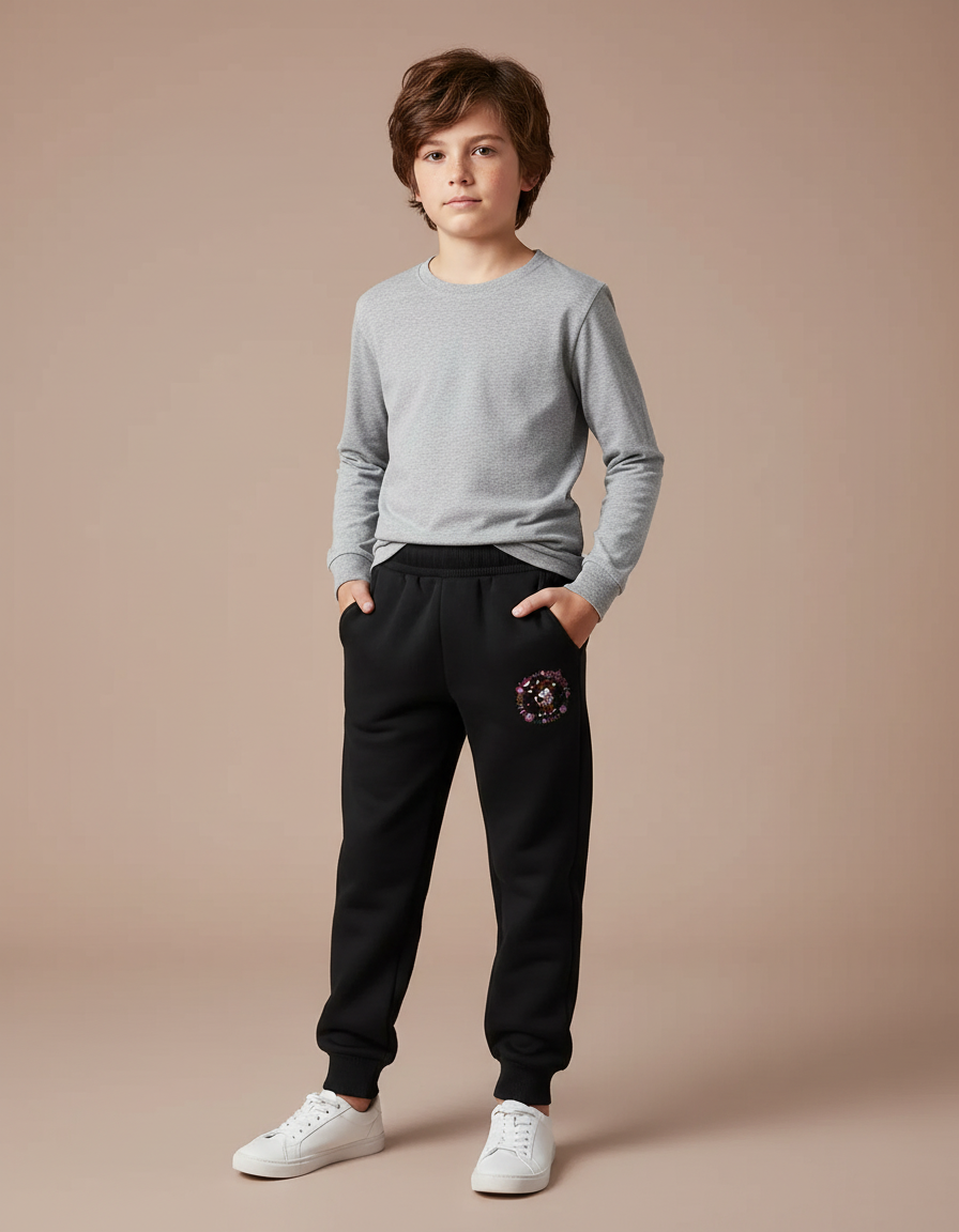 Pantalon Noir Garçon Molletonné Jogging Motif Floral Animal