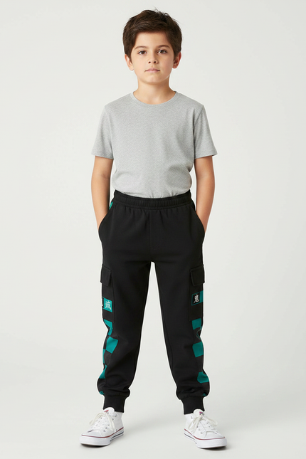 Pantalon Noir Cargo Molletonné Imprimé Garçon