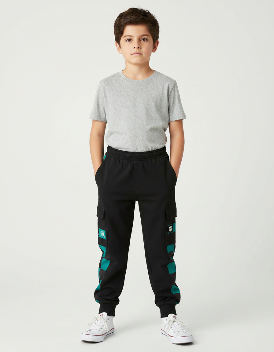 Pantalon Noir Cargo Molletonné Imprimé Garçon